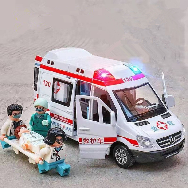 Diecast Model car 1 32 Sprinter Alloy Ambulance Vehicles Car Model Diecasts Metal Toy Ambulance Car Model Simulation Sound and Light Kids Toy Gift 230