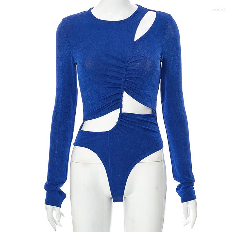 Women's T Shirts Sexy Blue Bodysuit Asymmetrical Cut Out Long Sleeve Tops For Women Fashion Fitted Spring