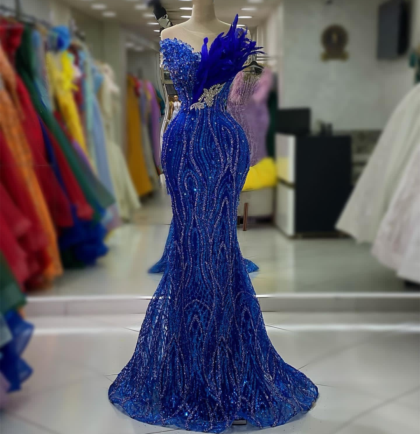 Aso Ebi Arabic Mermaid Royal Blue Prom Dress Crystals Sequined Lace Evening Formal Party Second Reception Birthday Engagement Gowns Dresses Robe De So