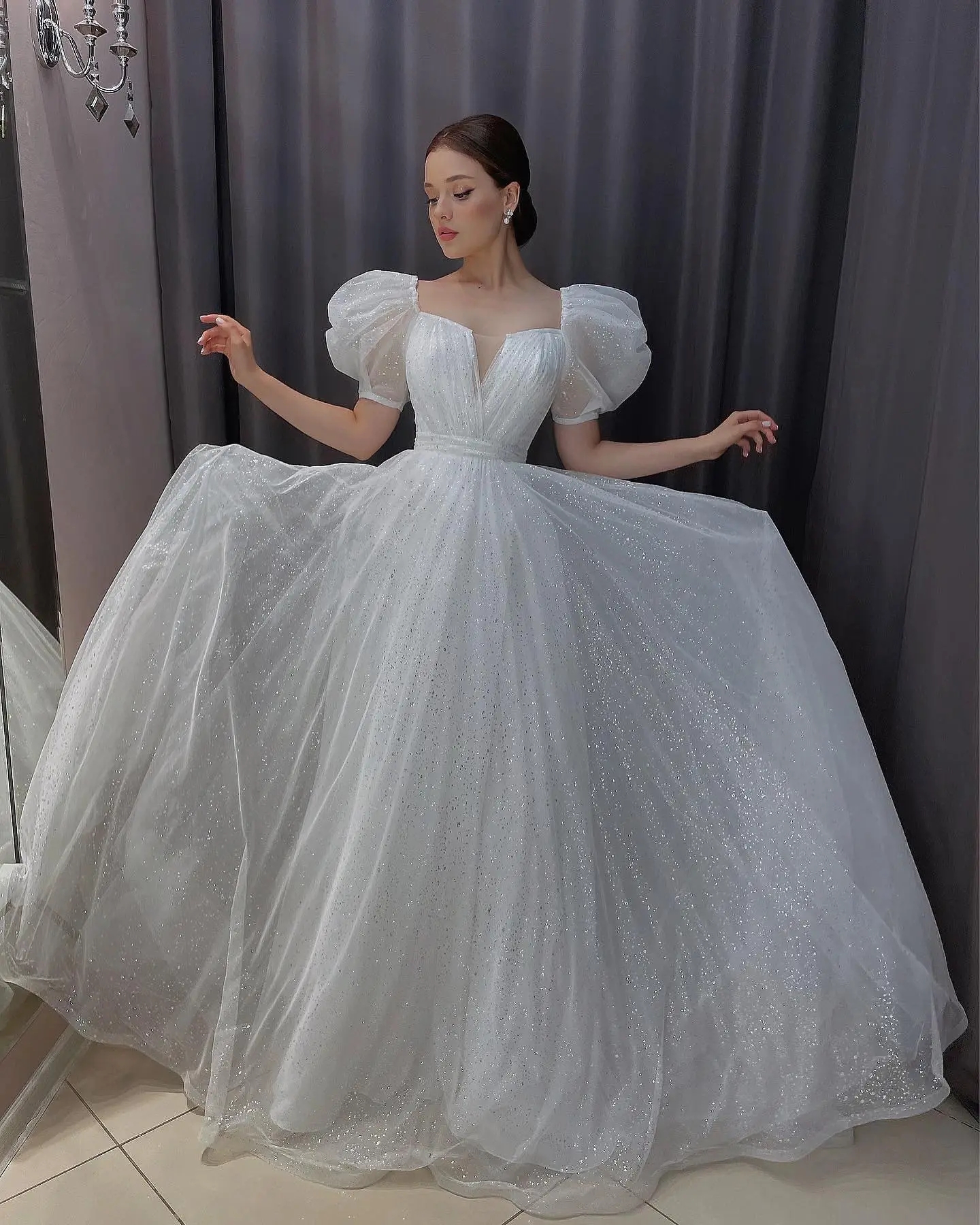 Shiny A Line Wedding Dresses with Puffy Sleeve Sweetheart Pleat Bridal Dress Glitter Tulle Vestidos De Mariage