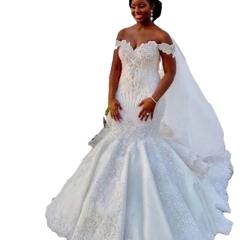 2024 Plus Size Mermaid Wedding Dress Arabic Aso Ebi Lace Beaded Off The Shoulder Trumpet Bridal Gowns Sweep Train Tulle Lace African Vestidos De NovIa