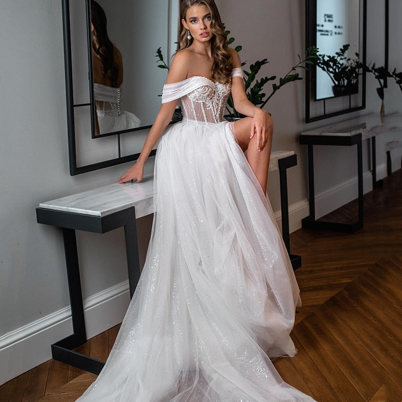 Glitter Off the Shoulder A Line Wedding Dresses Beaded Side Split Bridal Gown Boning Bohemian Tulle Vestidos De Novia Sweep Train