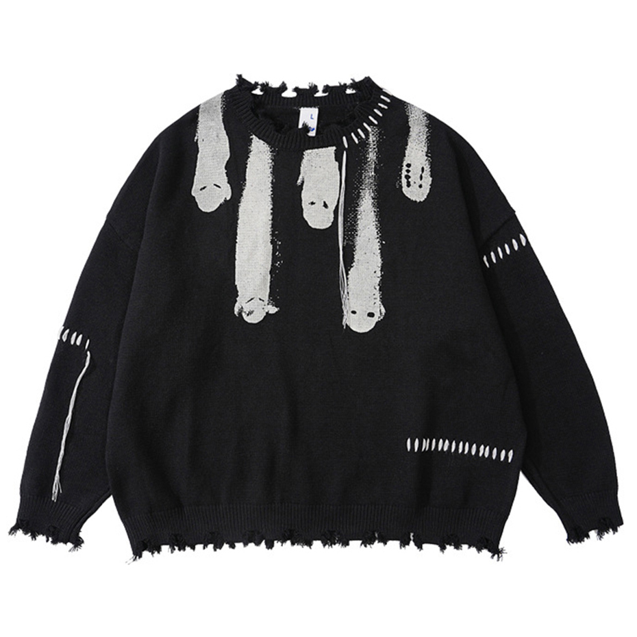 Men's Sweaters Hip Hop Sweaters Streetwear Y2K Grunge Ripped Ghost Print Punk Gothic Knitted Jumpers Autumn Harajuku Casual Pullover Sweaters 230