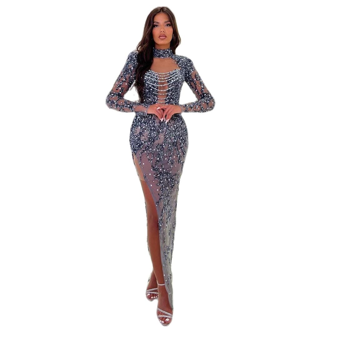 Sheer High Neck Evening Gown Sexy Full Sleeve Pearls Mermaid Dresses Sequined Lace See Through Prom Dress Formal Custom Made