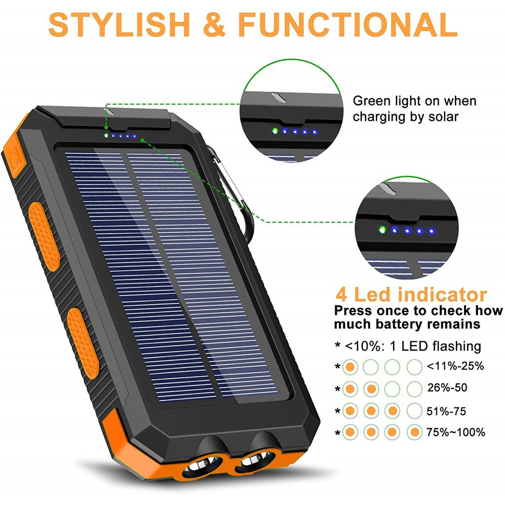 Solar Phone Charger, huge capacity 10000mah waterproof Lightweight Power Bank with solar panel, 2 output USB-C and 1 input for outdoor camping hikin