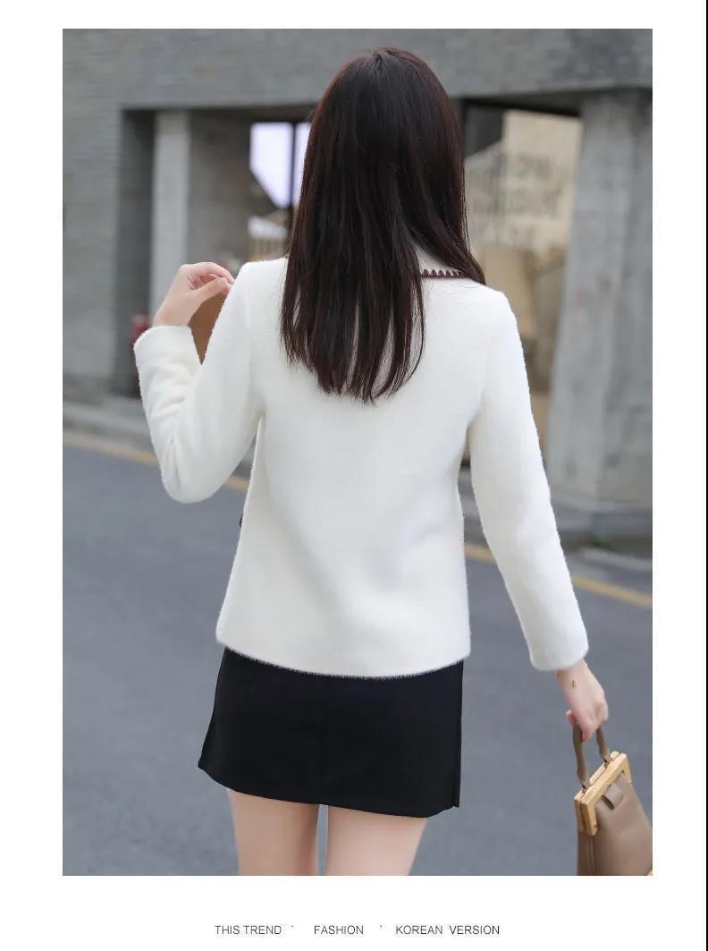 New fashion womens turn down collar mohair wool knitted long sleeve sweater coat SMLXL