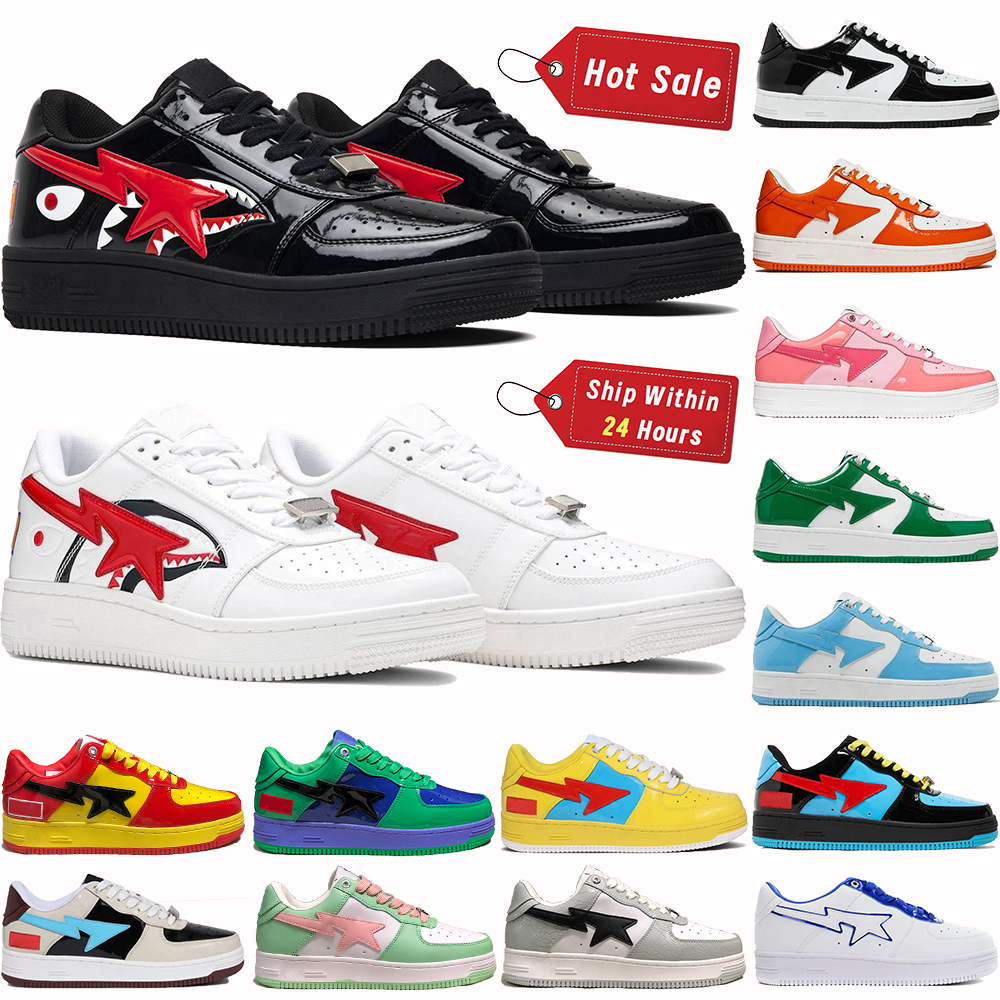 Bapestars Low Mens Designer Shoes Bathing Apes Nigo Shark Patent Leather Grey Black White Pastel Green Color Camo Combo Pink Comics Blue Womens Casual Sneakers