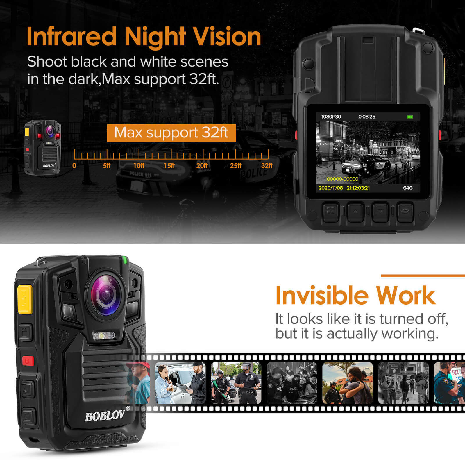 Mini Cameras BOBLOV V8N Camera 64G 1080P Body Mounted BodyCam Video Recorder IR Night Vision Audio DVR for Security Guard Camara 230830