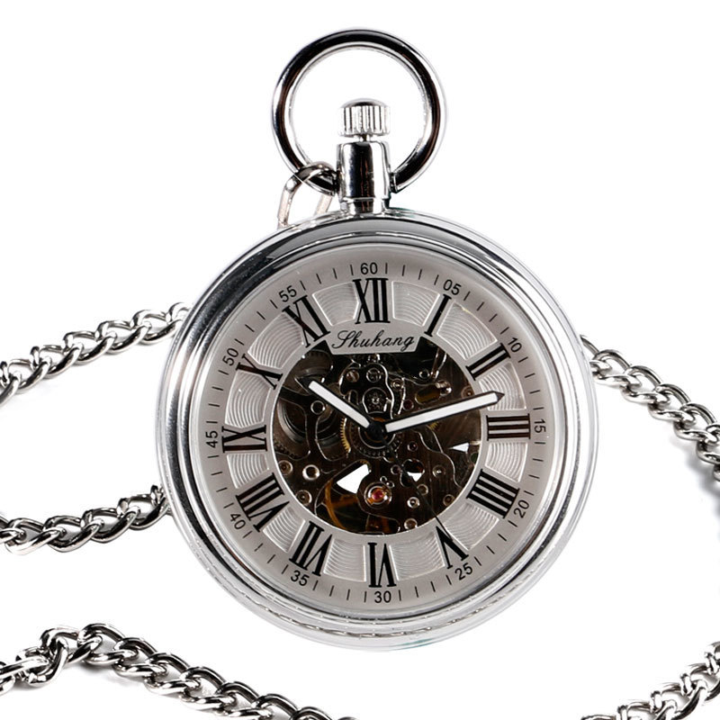 Pocket Watches SHUHANG Mechanic Watch Men Automatic Self Winding Pocket Watch Silver Simple Open Face Chain Pendant with Roman Number 230830