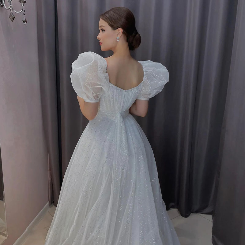 Shiny A Line Wedding Dresses with Puffy Sleeve Sweetheart Pleat Bridal Dress Glitter Tulle Vestidos De Mariage