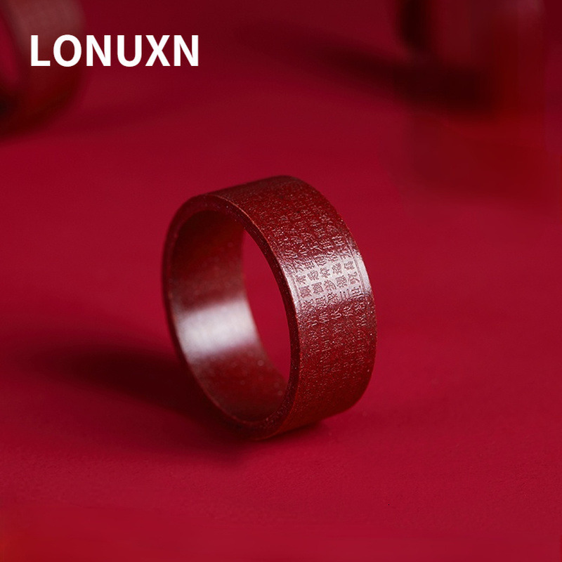 Wedding Rings High Quality Red Lucky Carved Heart Sutra Vintage Bohemia Ethnic Style Men Women Couple Jewelry Natural Crystal 230830