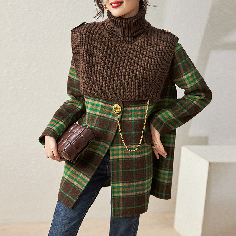 0C694M31 Autumn and Winter Women's Coat Vintage Plaid Wool Double-sided Woolen Outerwear Knitted Sleeve Two-piece Set