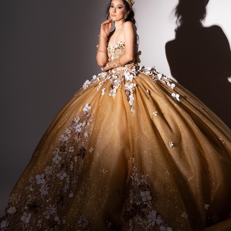Gold Shiny Sweet 16 Quinceanera Off Shoulder Appliqued wer Ball Gown Butterfly Princess Party Birthday Dress Vestidos De