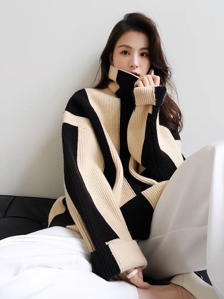 Women's Sweaters Fashion Women 2023 AutumnWinter Tutleneck Black White Striped Sweater Korean Style Loose Casual Long Sleeved Pullover 230831