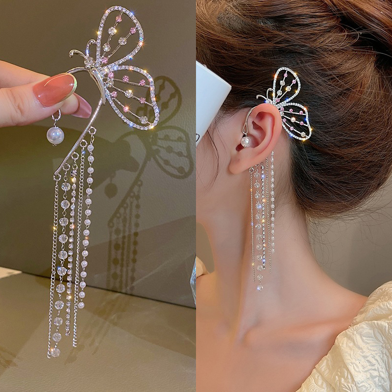 Ear Cuff LATS Fashion Crystal Butterfly Clip Earring for Women Pearl Bead Long Tassels Charm Hollow Earrings Jewelry Gifts 230830