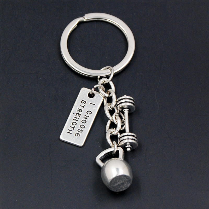 Keychains Lanyards 1pc Strength Sports Barbell Dumbbell Charm Weight Fitness With Words Gym Crossfit Keyring Keychain Gifts For Man 230831