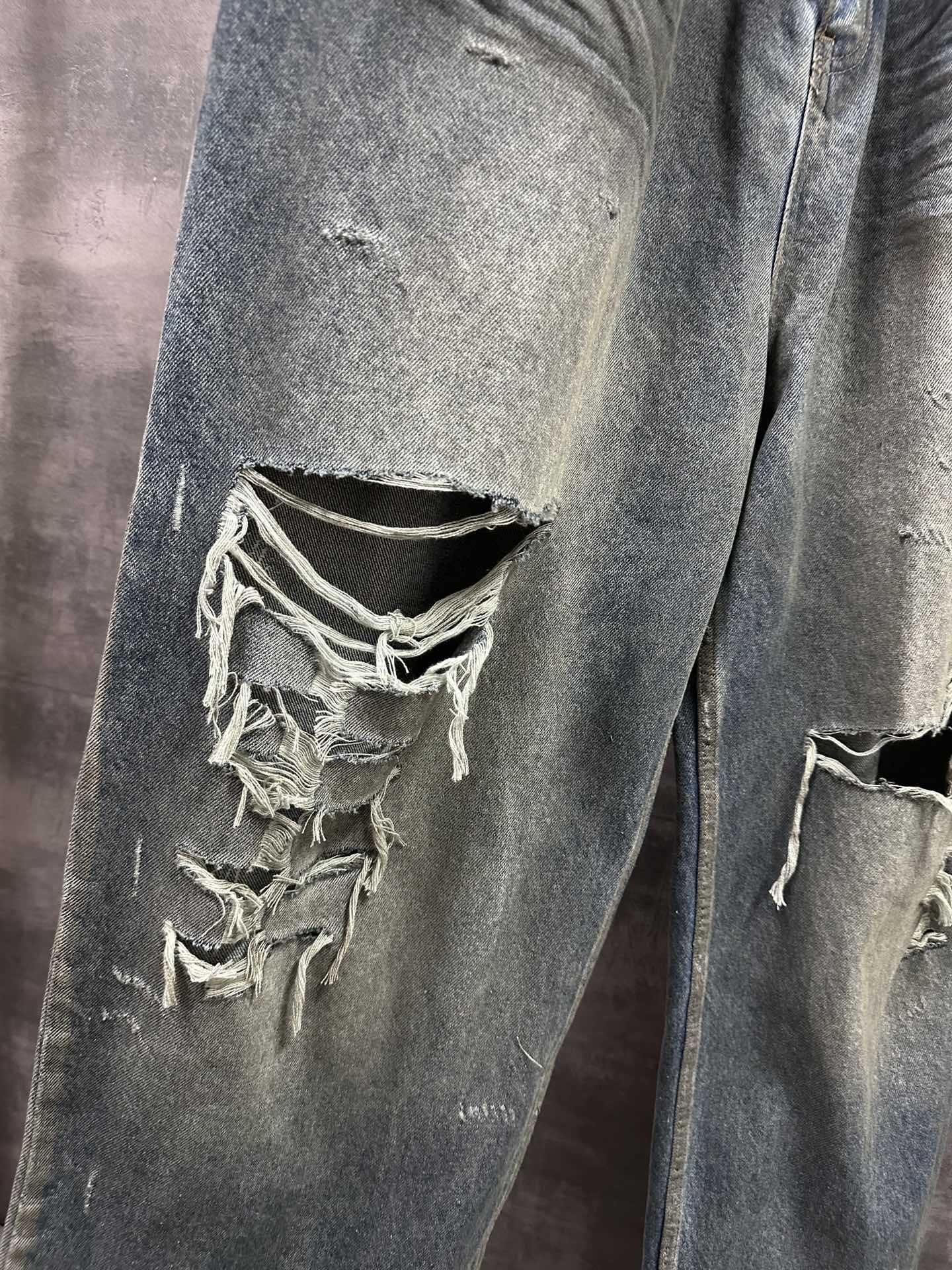 Original Bale Washed Loose Dyed Torn Dirty Jeans High Street Casual Denim Pants Men Hiphop Streetwear Causal