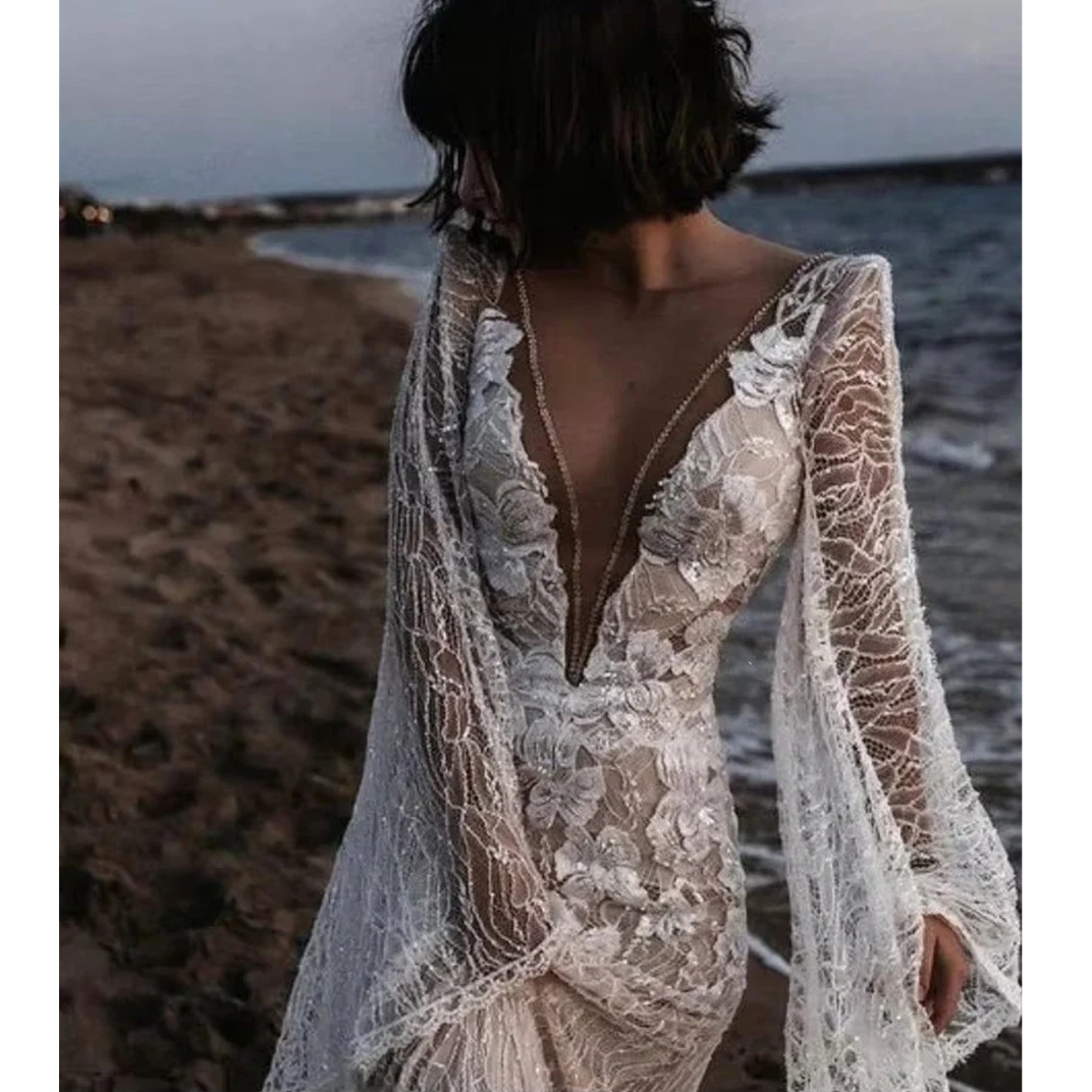Lace Illusion Berta Mermaid Deep V Neck Long Sleeves Bridal Dresses Sexy Vintage Wedding Gowns 2024 6660312