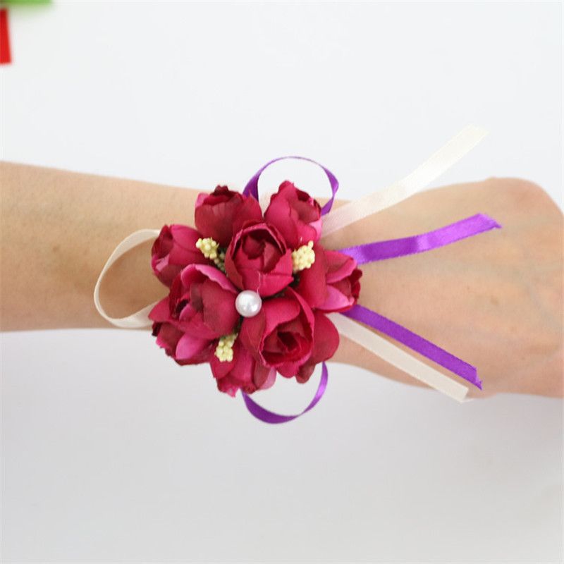 Bride Wrist Flower Corsage Bridesmaid Sister Hand Flowers Wedding Ball Artificial Silk Flower Bracelet New Arrival ZZ