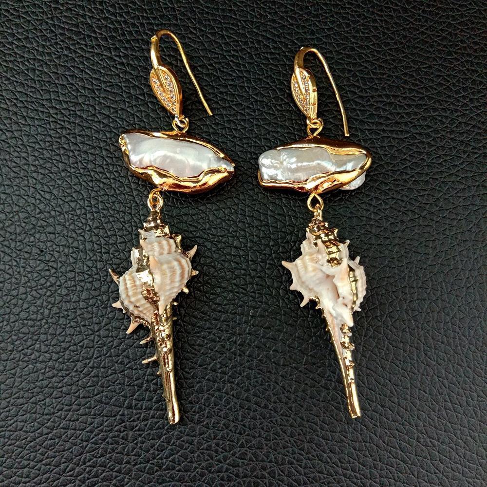 Hoop Huggie YYGEM Sea Snail shell drop Yellow gold Plated White Biwa Pearl dangle Earrings punk style for women 230831