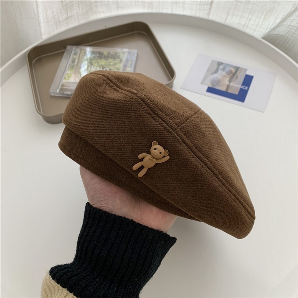 Beret Caps Autumn And Winter Woolen Hats Boinas 56 58cm Cartoon Bear Pattern Cute Style Solid Color Lovely Girl 2023 230831