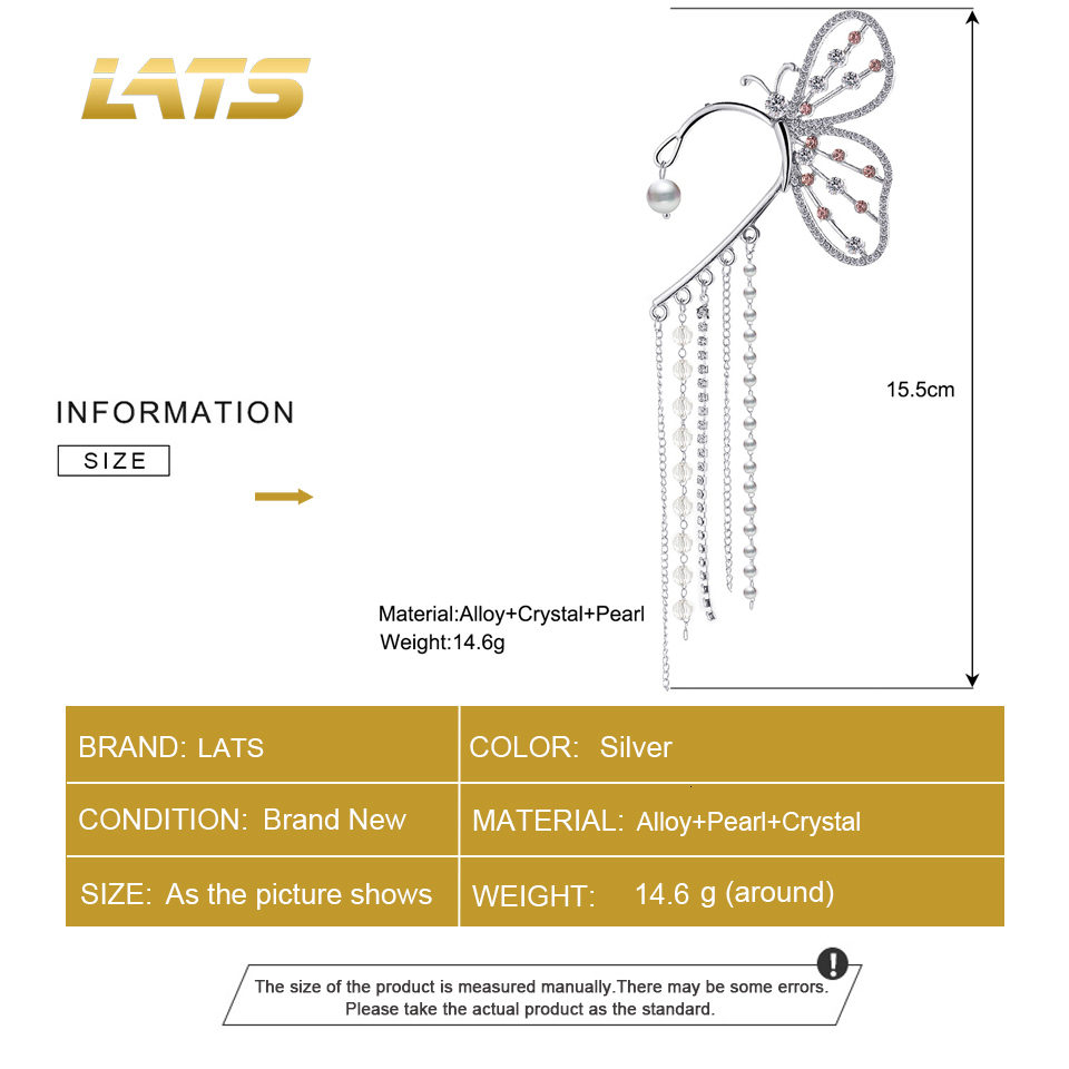 Ear Cuff LATS Fashion Crystal Butterfly Clip Earring for Women Pearl Bead Long Tassels Charm Hollow Earrings Jewelry Gifts 230830