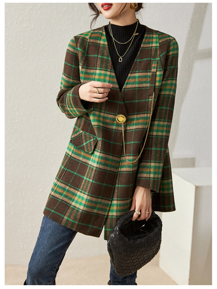 0C694M31 Autumn and Winter Women's Coat Vintage Plaid Wool Double-sided Woolen Outerwear Knitted Sleeve Two-piece Set