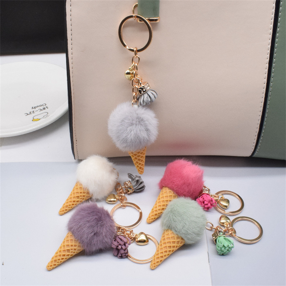 Keychains Lanyards 1pc Fashion Cute Mini Ice Cream Key Ring With Tassel Student Fluffy Pom Velvet Plush Keychain For Girls Bag Decoration Gift 230831