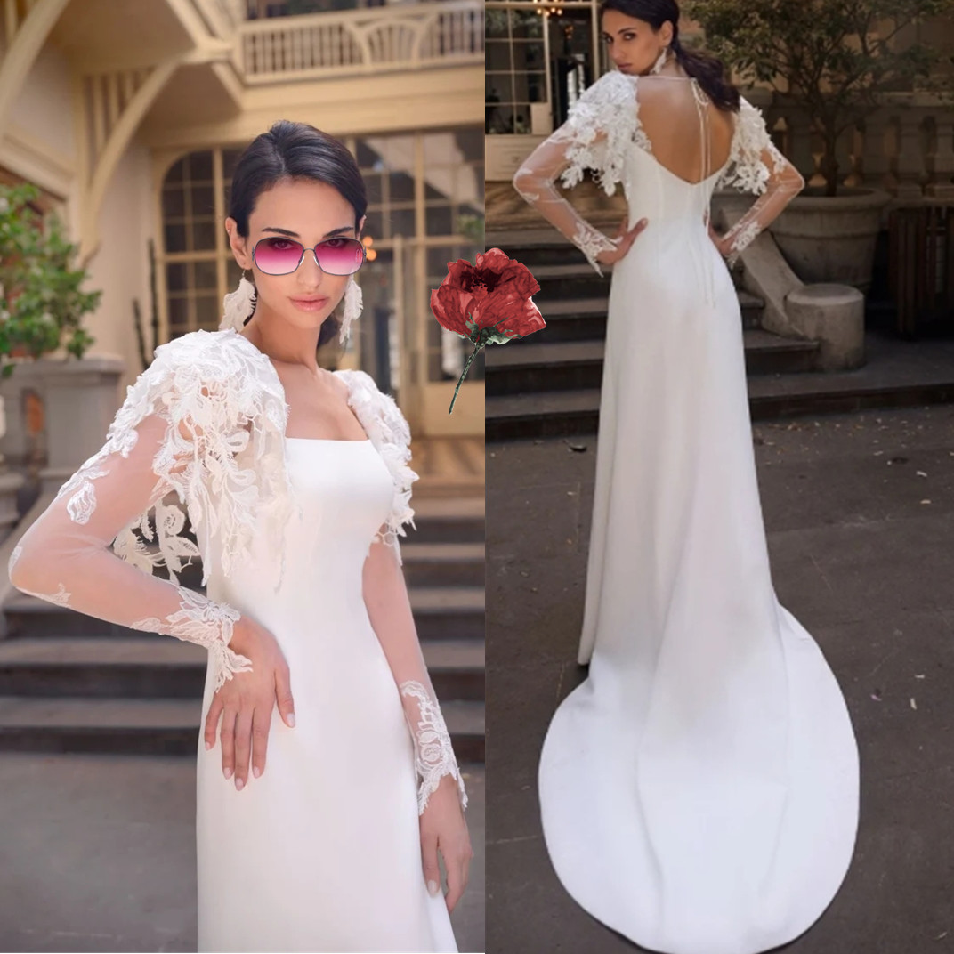 Boho Beach Wedding Dresses Bridal Gown Square Neck Long Sleeves Lace Applique Beaded Sweep Train Custom Plus Size Vestido De Novia 6660312