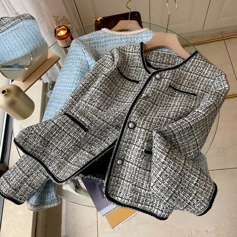 Womens Wool Blends Small Fragrance Style Elegant Cropped Tweed Jacket Women Spring Chic Pearl Button Short Coat Vintage Long Sleeve Outerwear 230831