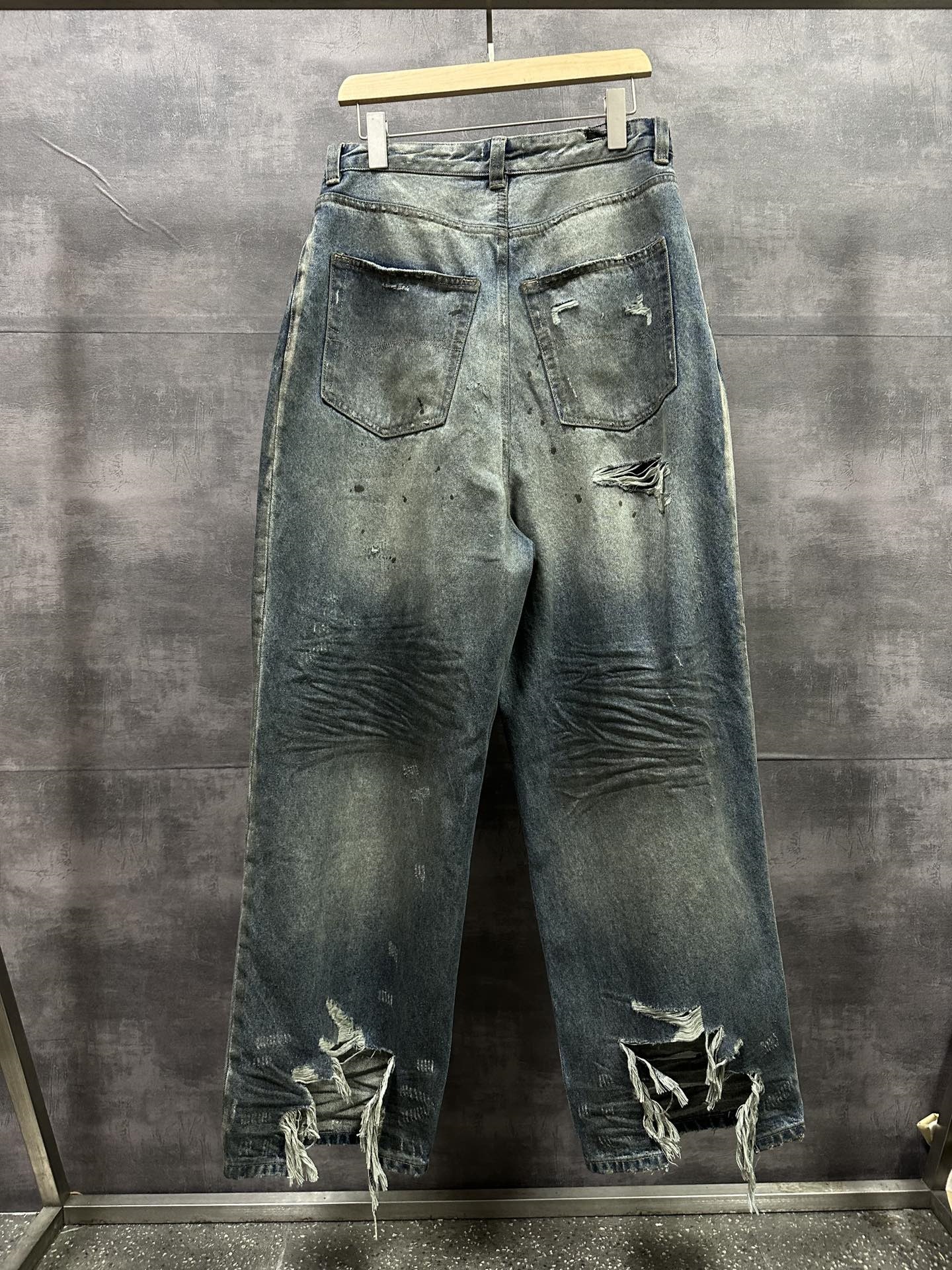 Original Bale Washed Loose Dyed Torn Dirty Jeans High Street Casual Denim Pants Men Hiphop Streetwear Causal