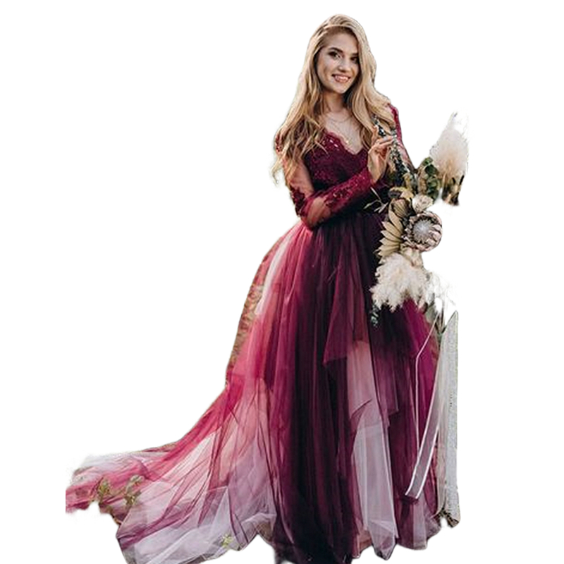 Vintage Burgundy And White A Line Tulle Wedding Dresses Garden Beach Chic Long Sleeves Bridal Gowns V-Neck Backless Lace Appliques Pastrol Style Engag