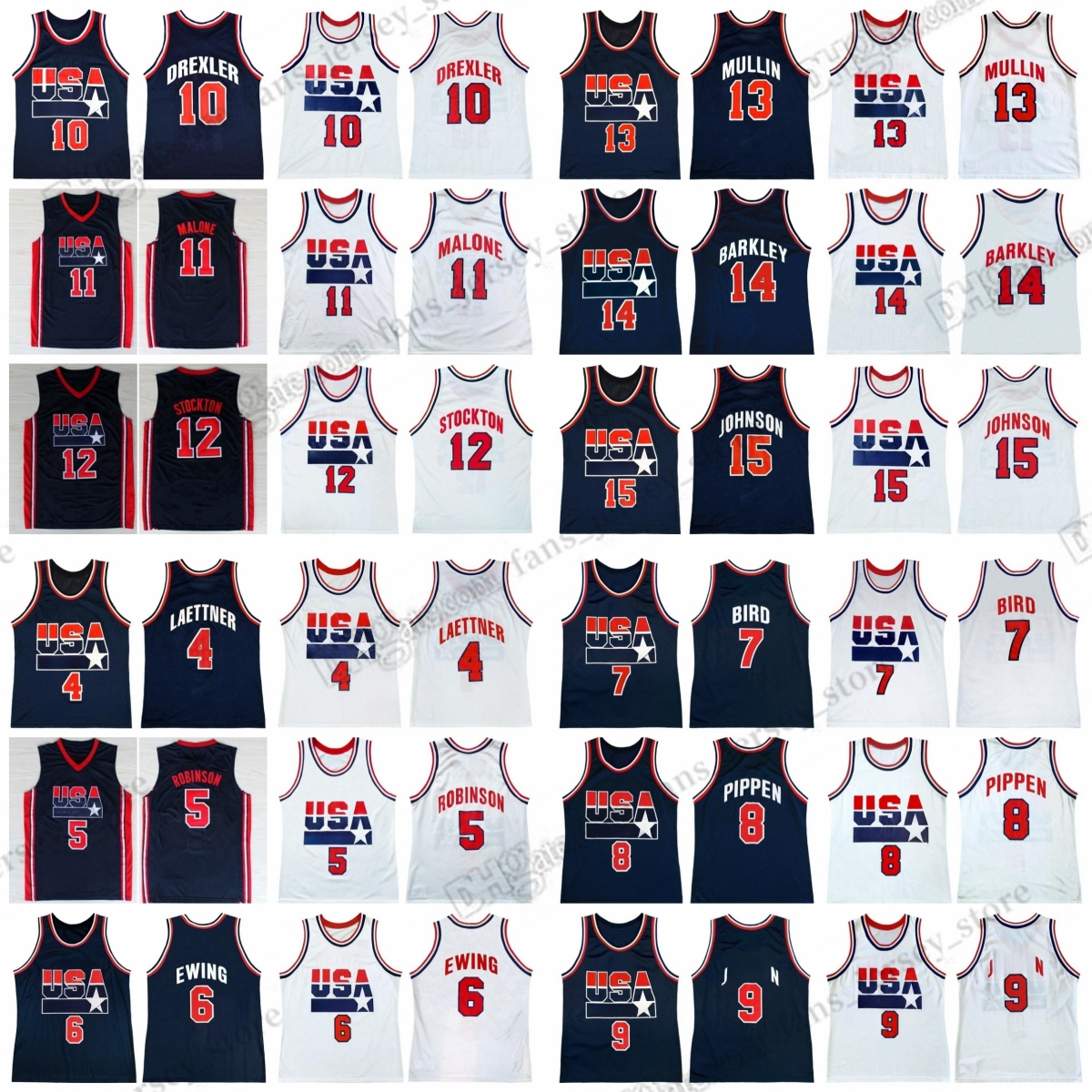 Custom XS-6XL 2012 Retro Basketball jerseys 6 Ewing 7 Bird 5 Robinson 10 Drexler 8 Pippen 11 Malone 12 Stockton 13 Mullin 15 Johnson 14 Barkley 4 Laettner Stitched Jersey