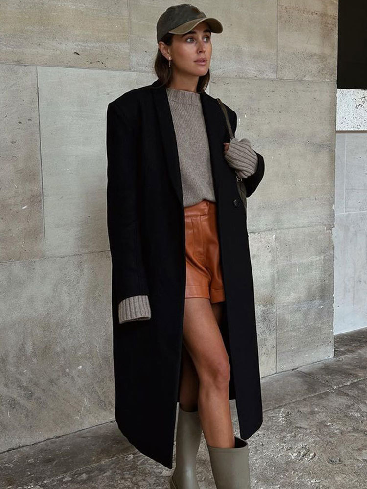 Womens Wool Blends Fashion Black Lapel Long Sleeve Overcoat Cardigan For Woemn Elagnt Thick Warm Solid Jacket Ladies Antumn Winter Coat 230831