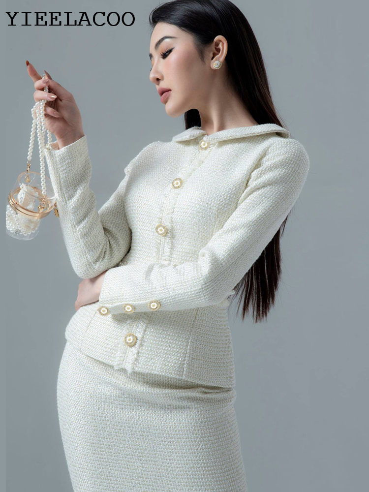 Two Piece Dress Women's Set White Autumn/Winter Long-Sleeved Tassel Ladies Tweed jacket Skirt Suit fashion Professional 2-Piece Set 230830