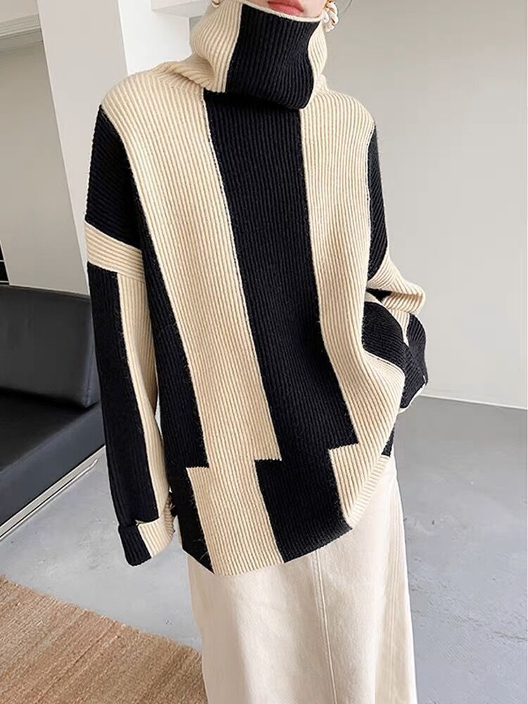 Women's Sweaters Fashion Women 2023 AutumnWinter Tutleneck Black White Striped Sweater Korean Style Loose Casual Long Sleeved Pullover 230831