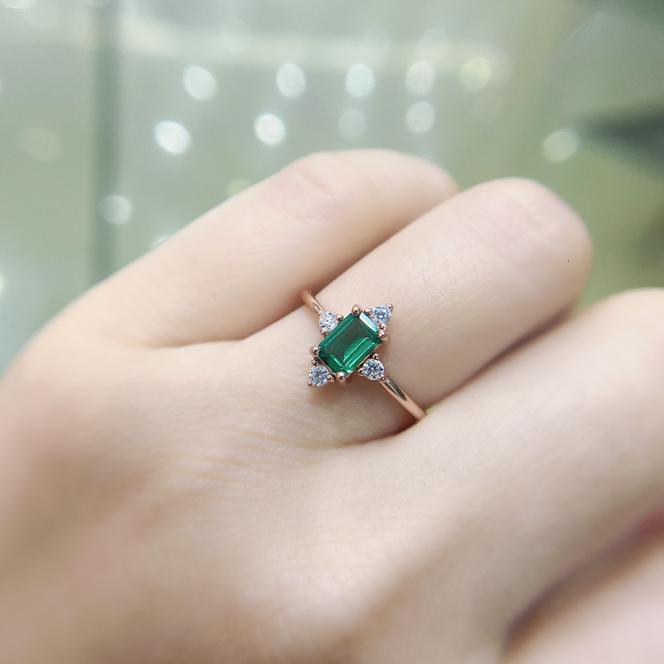 Wedding Rings Kuololit 585 Rose Gold Emerald Gemstone for Women Real 925 Sterling Silver Created Cutting Engagement Promise 230830