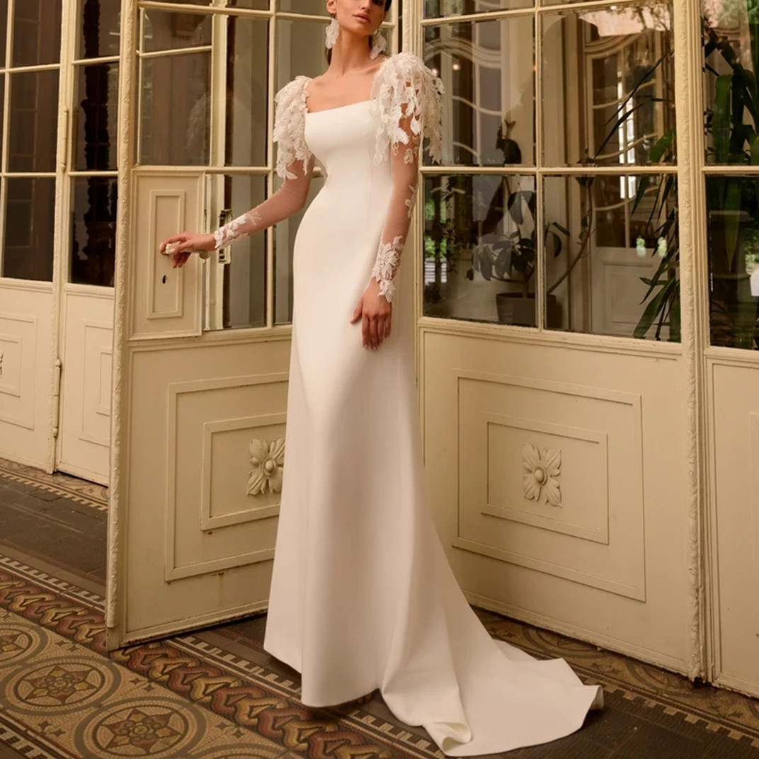 Boho Beach Wedding Dresses Bridal Gown Square Neck Long Sleeves Lace Applique Beaded Sweep Train Custom Plus Size Vestido De Novia 6660312