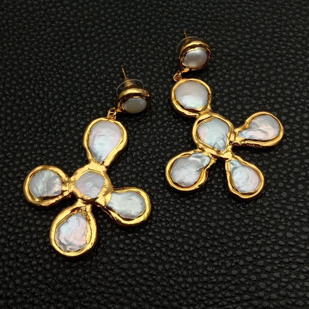 Ear Cuff YYGEM Gold plated Cross shape Natural Freshwater Cultured White Coin Pearl Crucifix Drop Stud Earrings Fashion Jewelry For Gift 230831