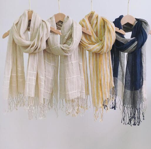 Scarves Summer Pure Linen Scarf Striped Beach Sunscreen Linen Scarf Autumn And Winter Warm Big Tassel Scarves 230831