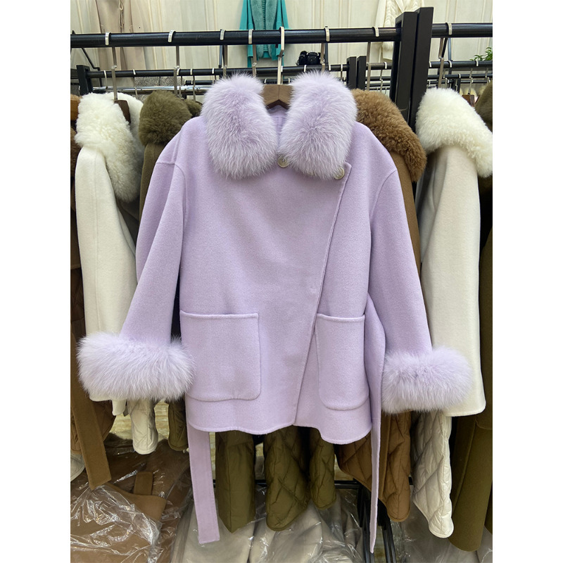 Women's Wool Blends European and American Street Fashion Winter Woolen Coats Fur Collar Outerwear Changeable Lace-ups Women Jacket 230830