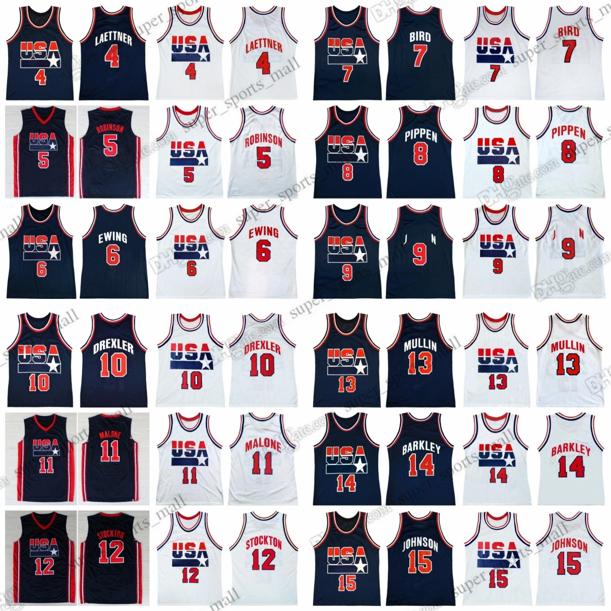 Custom XS-6XL 1992 Retro Basketball Jerseys 6 Ewing 7 Bird 5 Robinson 10 Drexler 8 Pippen 11 Malone 12 Stockton 13 Mullin 15 Johnson 14 Barkley 4 Laettner Stitched Jersey