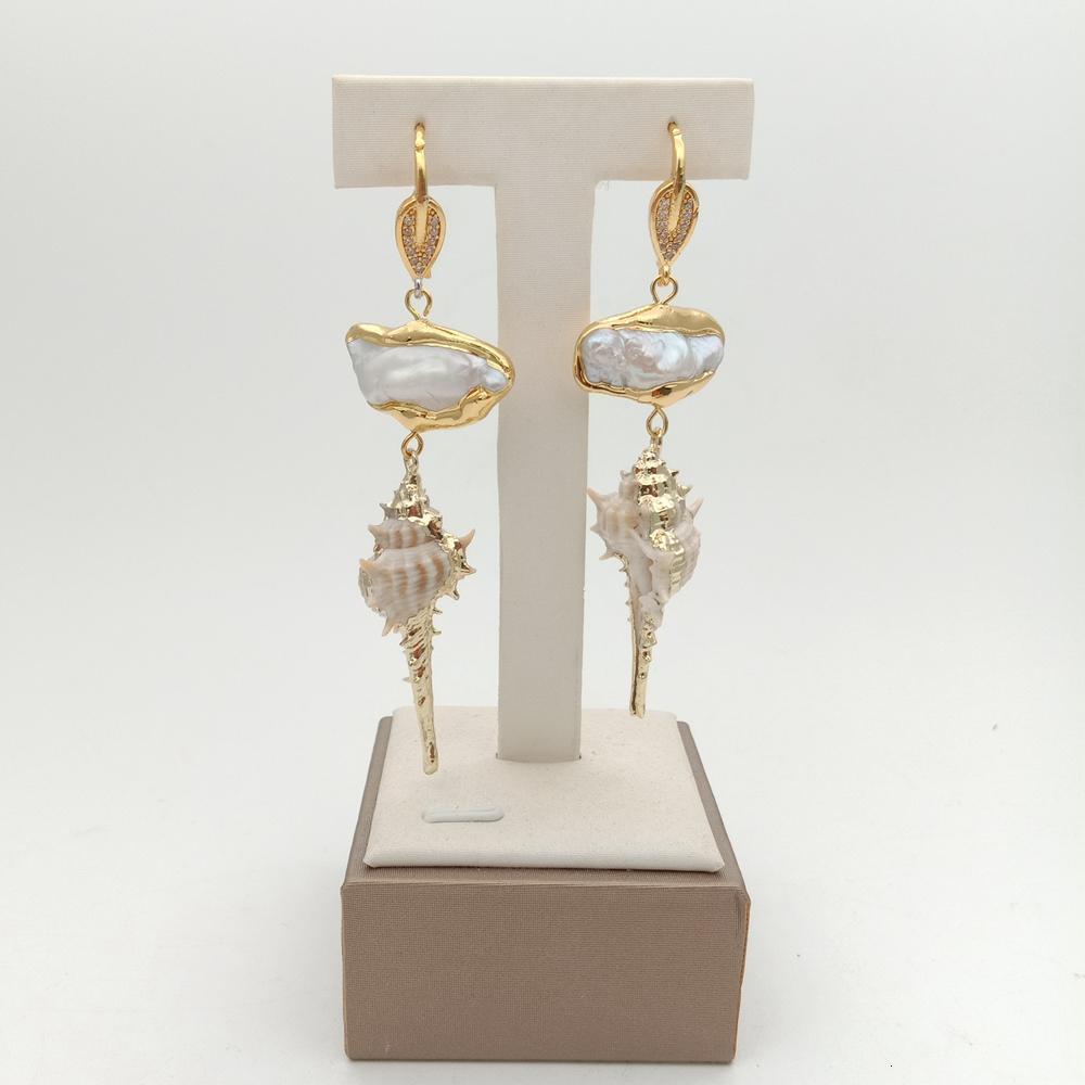 Hoop Huggie YYGEM Sea Snail shell drop Yellow gold Plated White Biwa Pearl dangle Earrings punk style for women 230831