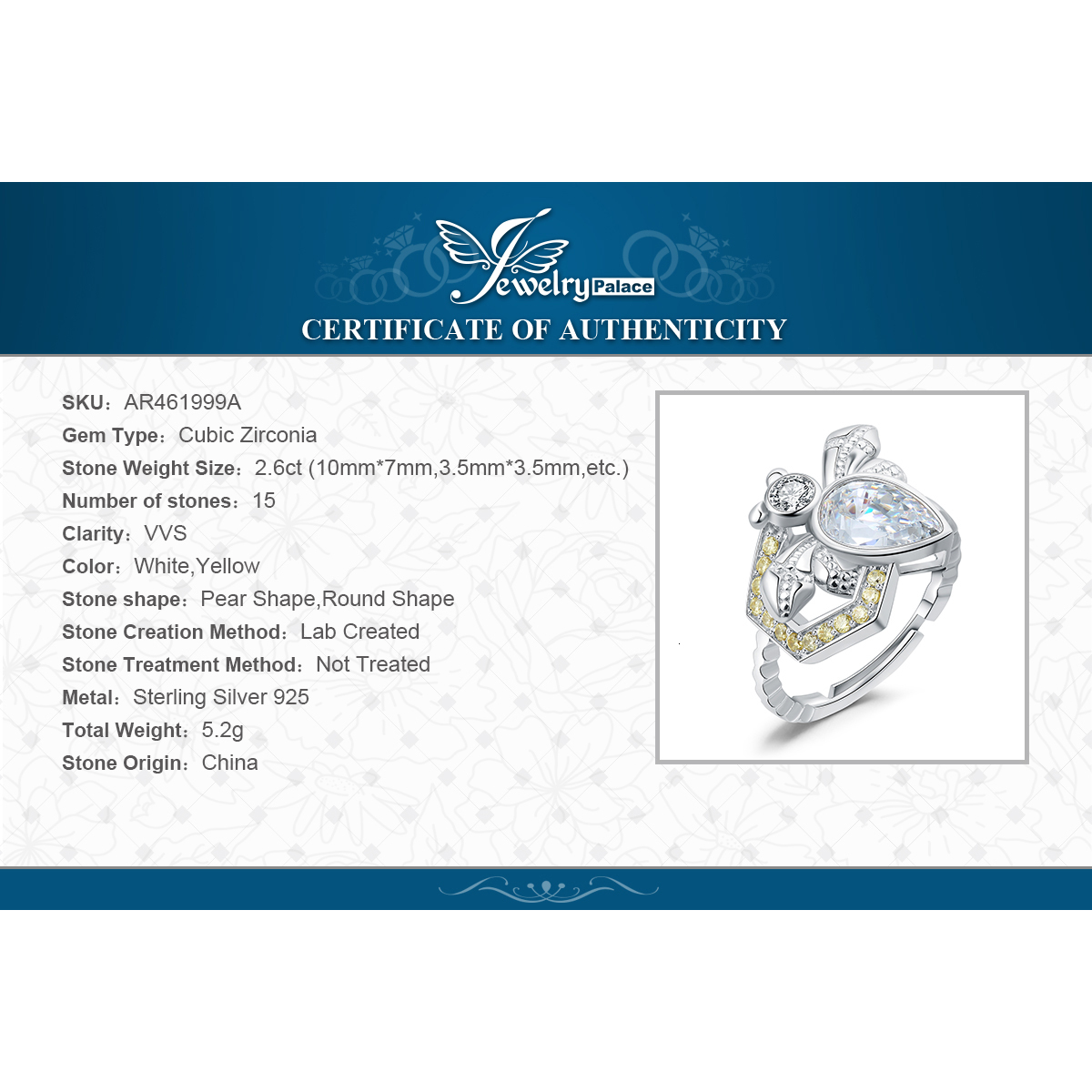 Wedding Rings Jewelry Arrival Honey Bee 2 6ct Pear Cut Gemstone 925 Sterling Silver Cocktail Open Adjustable Ring for Woman Girl 230830