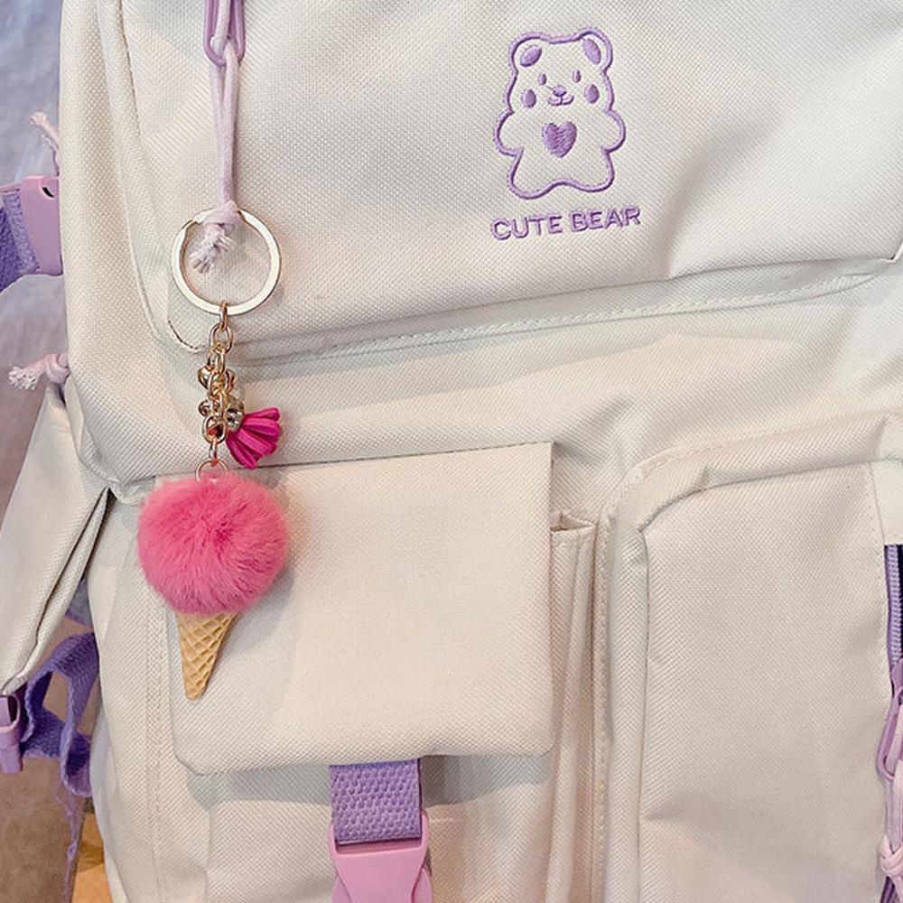 Keychains Lanyards 1pc Fashion Cute Mini Ice Cream Key Ring With Tassel Student Fluffy Pom Velvet Plush Keychain For Girls Bag Decoration Gift 230831