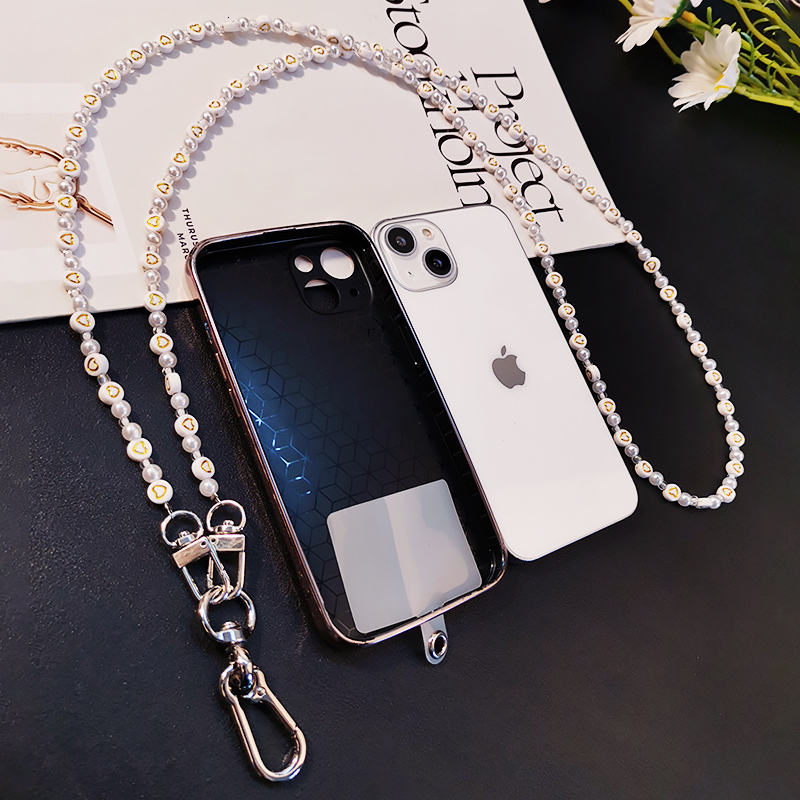 Cell Phone Straps Charms Mobile Phone Lanyard Crossbody Hanging Chain Pearl Love Hand-beaded Pendant Hanging Neck Detachable Belt Buckle Clip Universa