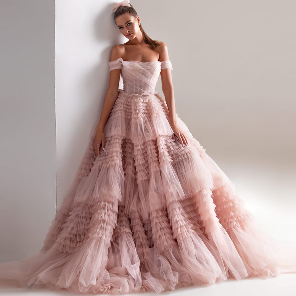 Light Pink Long Prom Dresses Sweetheart Crumpled Tulle Ruffles Evening Dresses Off Shoulder Tiered A-Line Formal Party Dress Sweety Special Occasion W
