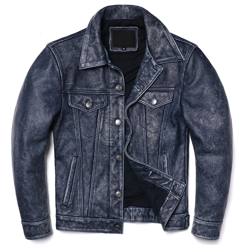 Men's Leather Faux Vintage Blue Cowboy Genuine Jacket Natural Cowhide Slim Short Coat Casual Style Single Breasted Retro Clothes 230831Z