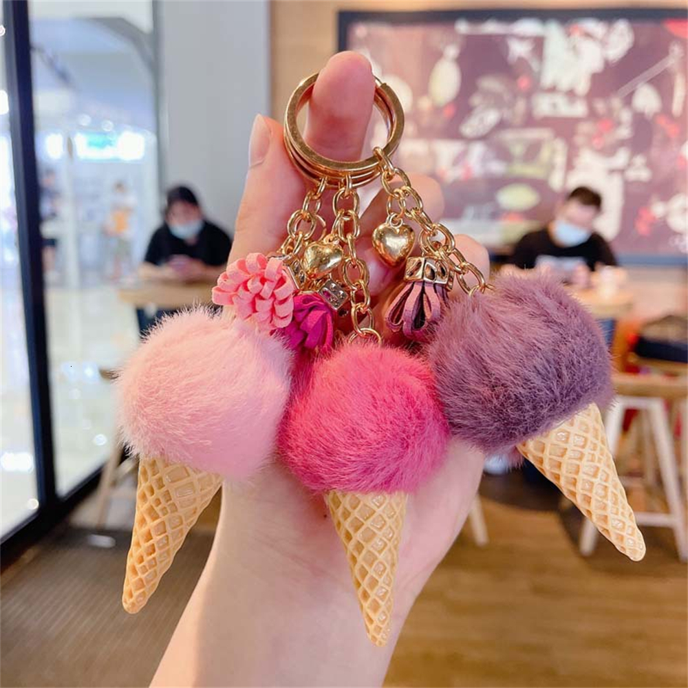 Keychains Lanyards 1pc Fashion Cute Mini Ice Cream Key Ring With Tassel Student Fluffy Pom Velvet Plush Keychain For Girls Bag Decoration Gift 230831