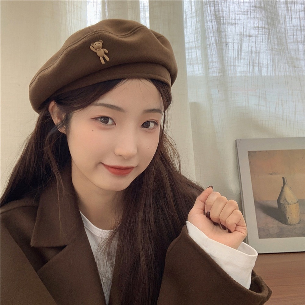Beret Caps Autumn And Winter Woolen Hats Boinas 56 58cm Cartoon Bear Pattern Cute Style Solid Color Lovely Girl 2023 230831